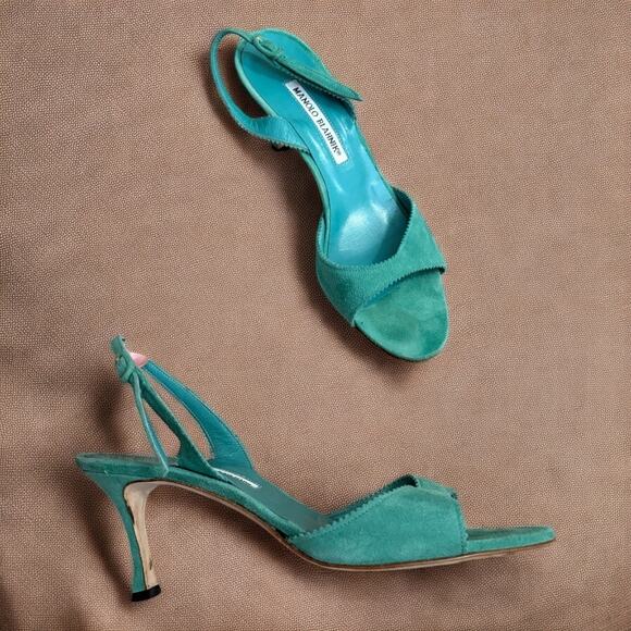 Manolo Blahnik Vintage Teal Suede Strappy Heels 37 - Picture 1 of 7